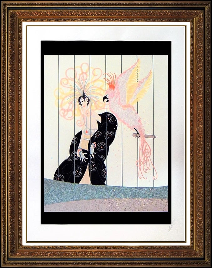 Erte The Bird Cage Color Serigraph Set Design Art Deco Signed Romain Tirtoff Art: This lot includes:Gallery COA & free domestic shipping (*insurance and international shipping for an additional charge)Artist: ErteTitle: The Bird CageMedium: SerigraphSize: 30" x 22.5"Framed: 45" x 3