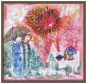 Gertrude Barrer Original Oil Painting Board Figures Signed Framed Artwork