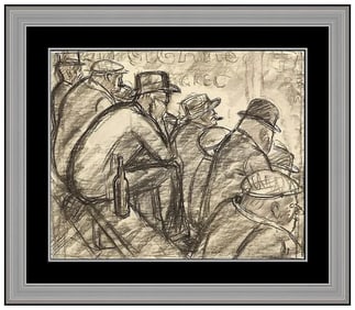Carl Beetz Original Charcoal Drawing Paper Figures Signed Framed Artwork