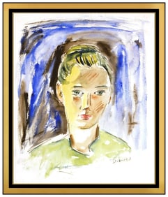 Werner Drewes Original Gouache Watercolor Painting Portrait Signed Framed Art