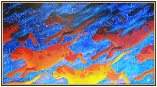 Kathleen Holmes Original Dog Painting Canvas Animal Signed Large Framed Artwork