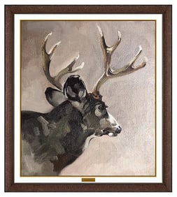 George Browne Original Oil Painting Canvas Board Wildlife Deer Signed Framed Art