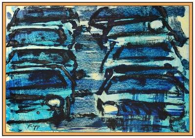 David Kapp Cityscape Car Painting Signed Oil on Canvas Large Framed Art