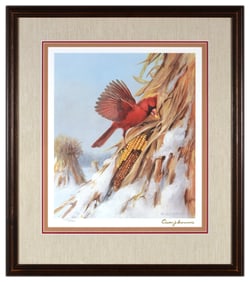 Owen Gromme Winter Cardinal Offset Lithograph Signed Framed Bird Wildlife Realism Art