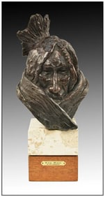 Richard V Greeves Red Bird Native American Bronze Portrait Sculpture Signed