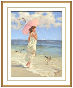 Al Buell Beach Scene Portrait Oil Painting on Canvas Signed Framed Artwork