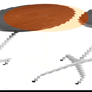 Herman Miller Mid Century White Circular Dining Table Signed Eames Style Furniture: Circular wood Herman Miller Coffee table on universal base. Designed by Charles Eames. Measures approx. 36" in diameter and 28.5" tall. Herman Miller plaque on bottom.