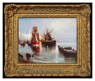 Claudio Simonetti Italian Harbor Water Oil Painting on Board Signed Framed Art