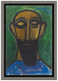 Francis Newton Souza Male Portrait Gouache Painting Signed Rare Framed Artwork