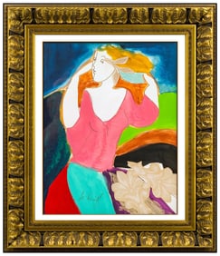 Linda Le Kinff Female Portrait Oil Painting on Board Signed Floral Framed Art