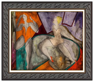 Linda Le Kinff Cubist Female Portrait Oil Painting on Board Signed Modern Art