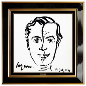 Yaacov Agam Male Portrait Ink Drawing Signed Modern Op Art Original Framed Piece
