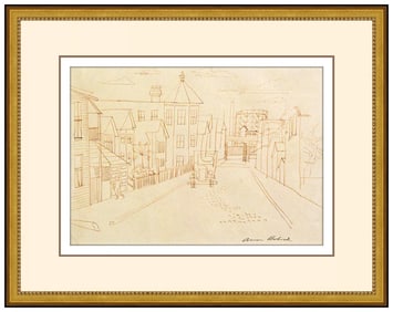 Aaron Bohrod Chicago Cityscape Ink Drawing Signed Color Original Framed Artwork