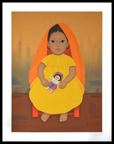 Gustavo Montoya Niña Con Muñeca Color Silkscreen Signed Framed Mexican Child Artwork