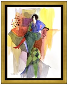 Itzchak Tarkay Female Portrait Watercolor Painting Signed Cafe Scene Framed Art