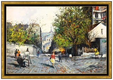 Claudio Simonetti Cityscape Painting on Canvas Signed Large Original Framed Artwork