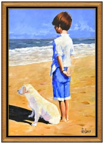 Aldo Luongo Boy and Dog Portrait Oil Painting on Canvas Signed Original Framed Art