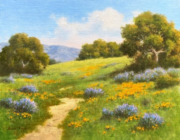 Dave Chapple Bush Lupine and Poppies Oil on Linen Painting Signed Floral California Landscape