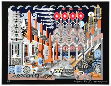 Pedro Friedeberg Changuitos en la Ciudad Serigraph Signed Abstract Geometric Cityscape Artwork