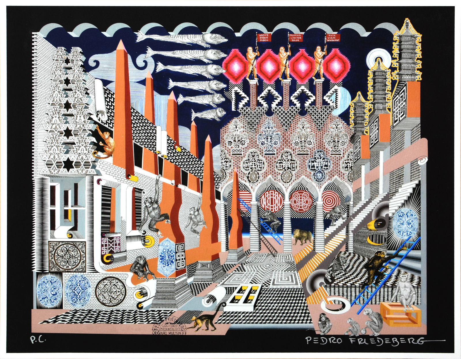 Pedro Friedeberg Changuitos en la Ciudad Serigraph Signed Abstract Geometric Cityscape Artwork (1 of 3)