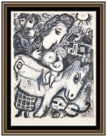 Marc Chagall Grey Village Lithograph Hand Signed Color Horse Figure Framed Art
