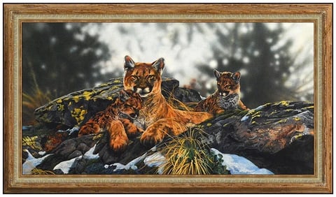Janene Grende Nature Cat Oil Painting on Board Signed Original Large Framed Art