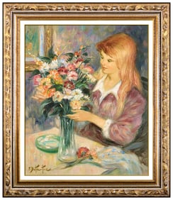 Pierre Duteurtre Female Portrait Flower Painting on Canvas Signed Framed Artwork