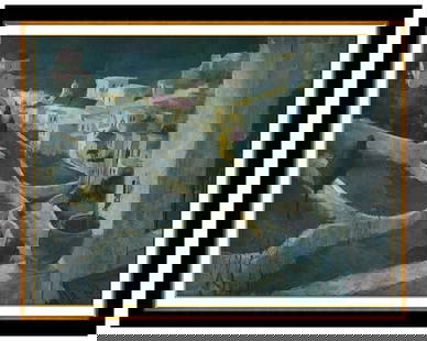 George Botich Greece Cityscape Oil Painting on Board Signed Framed Original Artwork: This lot includes:Gallery COA & free domestic shipping (*insurance and international shipping for an additional charge)Artist: George Botich Title: The Cliffs of MykonosMedium: Oil Painting On BoardSi