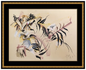 Roger Lersy Abstract Tiger Ink Pastel Painting Signed Animal Framed Original Artwork