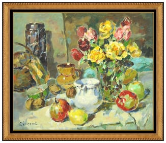 Alfred Chagniot Still Life Flower Oil Painting on Canvas Signed Framed Original Art