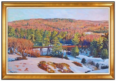 Scott Moore Railroad Train Oil Painting on Canvas Signed Large Framed Original Artwork