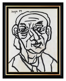 Francis Newton Souza Male Portrait Ink Drawing Signed Original Modern Framed Art