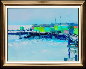 Nicola Simbari Harbor Seascape Oil Painting on Canvas Signed Rare Large Artwork