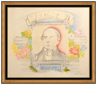 Larry Rivers Webster Portrait Mixed Media Painting Signed Original Framed Art
