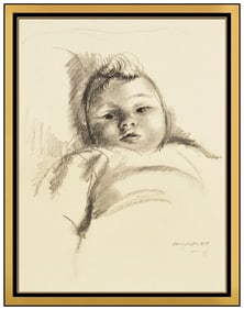 Clara Klinghoffer Child Portrait Charcoal Drawing Signed Framed Original Artwork