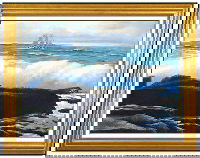 William E Baldwin Seascape Oil Painting on Board Signed Framed Original Artwork: This lot includes:Gallery COA & free domestic shipping (*insurance and international shipping for an additional charge)Artist: William E BaldwinTitle: A Schooner off ShoodicMedium: Oil Painting On Boa