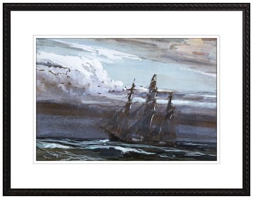 Carl Oscar Borg Nautical Seascape Gouache Painting Signed Ship Original Artwork