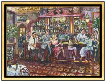 Valery Tsarikovsky Bar Lounge Scene Painting on Canvas Signed Large Tsar Artwork