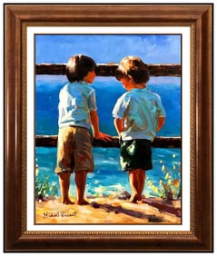 Michael Vincent Child Portrait Oil Painting on Canvas Signed Landscape Framed Art
