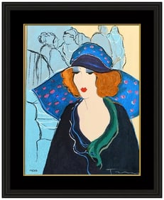 Itzchak Tarkay Chapeau Blue Embossed Serigraph Signed Female Cafe Portrait Artwork