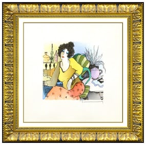 Itzchak Tarkay Female Cafe Portrait Watercolor Painting Signed Original Framed Art