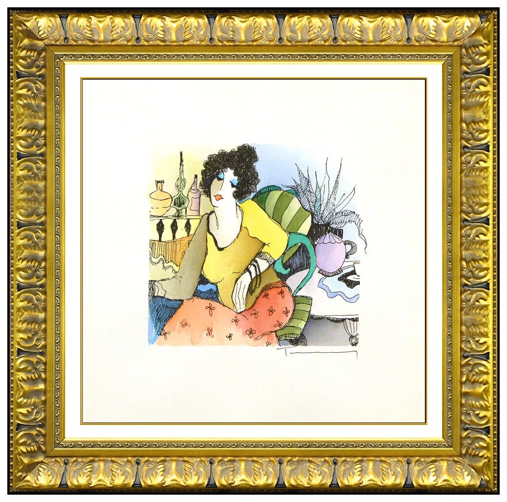 Itzchak Tarkay Female Cafe Portrait Watercolor Painting Signed Original Framed Art (1 of 4)