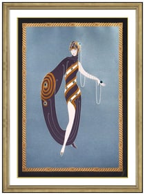 Erte Pearls and Emeralds Embossed Serigraph Signed Female Dress Costume Deco Artwork
