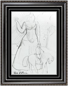 Igor Galanin Female Portrait with Horse Drawing Signed Framed Surrealist Landscape Art
