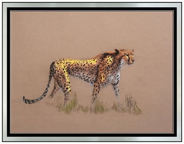 Mark King Signed Pastel Cheetah Wildlife Painting Framed Art