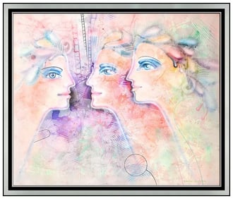 Yankel Ginzburg Signed Large Acrylic Figure Painting Canvas Framed