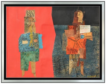 Max Papart Signed Oil Collage Figurative Painting Canvas Art