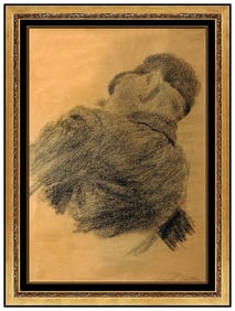 Joseph Stella Signed Charcoal Portrait Drawing Framed Art