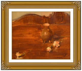 Robert Lemler Signed Oil Still Life Painting on Board Framed Art