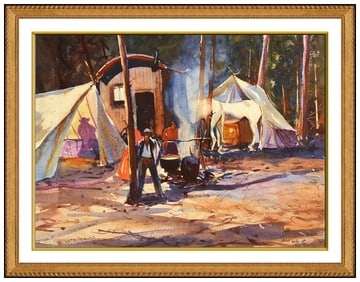 John Whorf Signed Watercolor Figurative Landscape Painting Framed Art